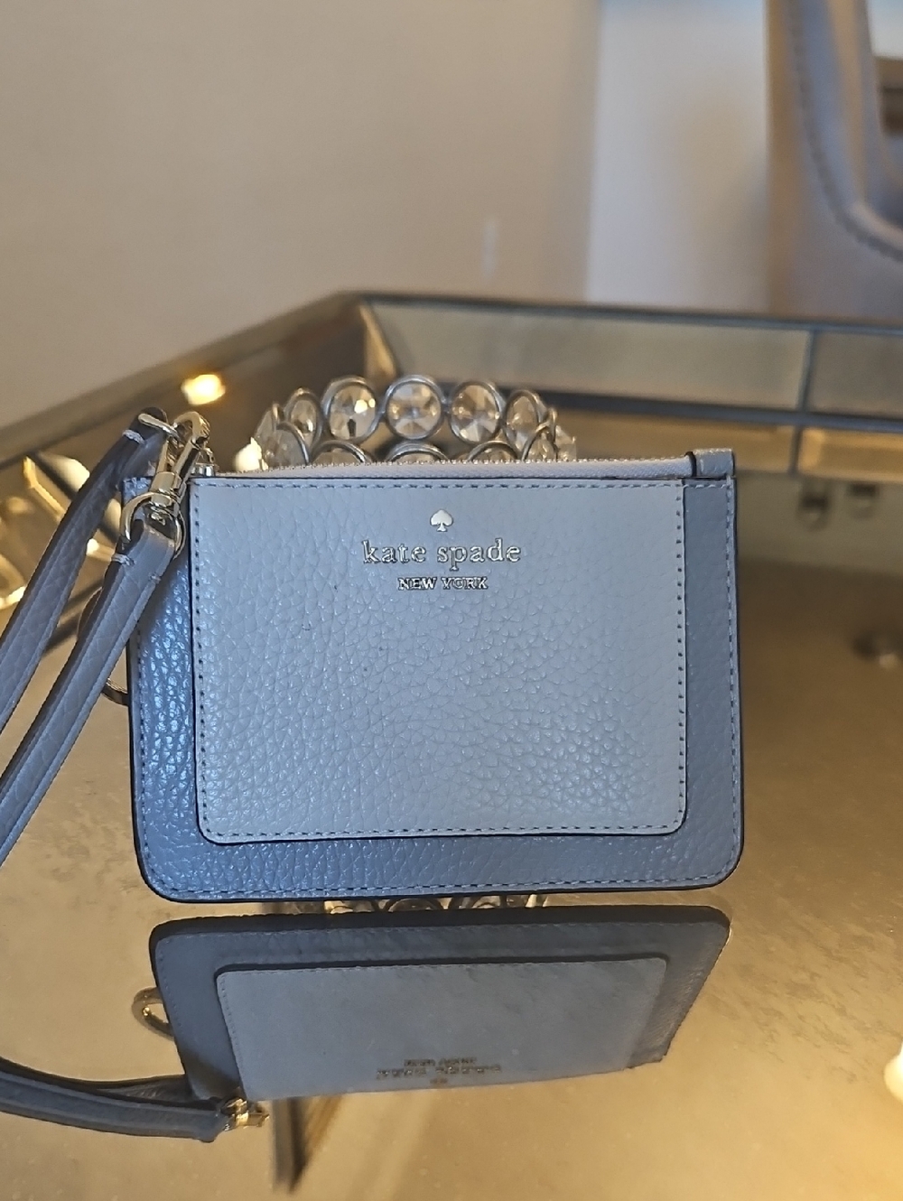 kate spade Light Blue Pebbled Leather Wristlet Card Case with Strap